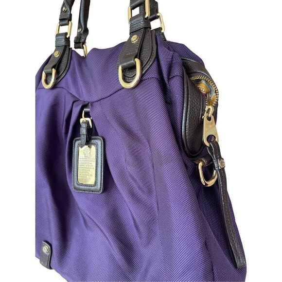 JPK Womens Purple Gold Tone Nylon Top Zip Closure Leather Double Handle Handbag - Picture 2 of 11
